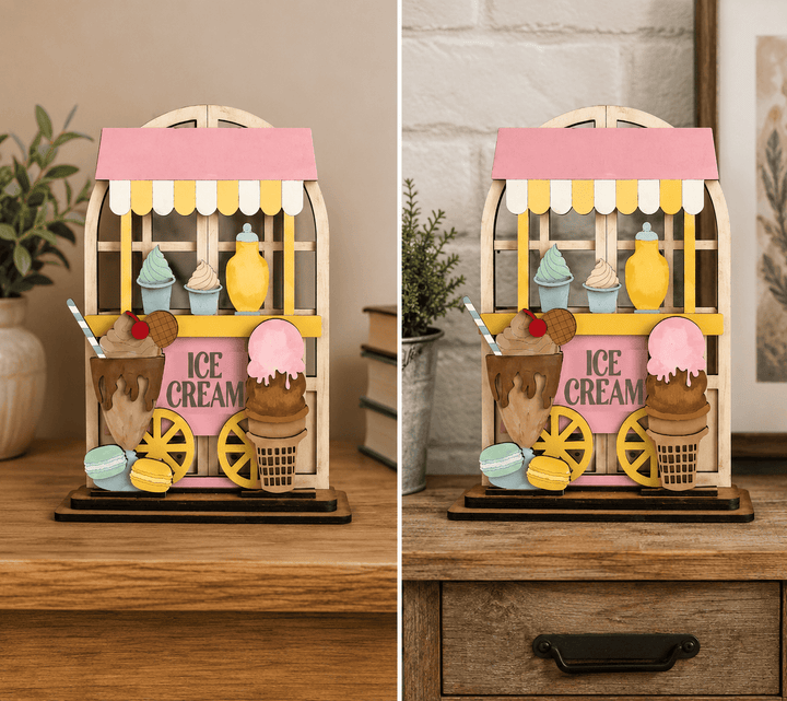 WallCutz  Ice Cream Parlor Summer Wood Kit – Interchangeable Arched Window Insert with Cart, Sundae, Cone & Macarons Wood Kit