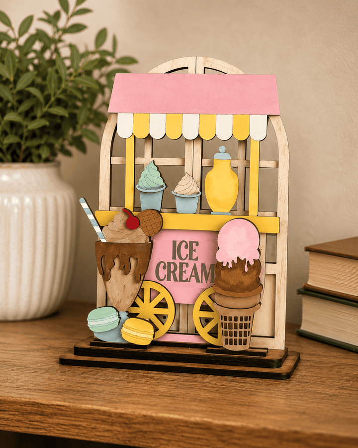 WallCutz  Ice Cream Parlor Summer Wood Kit – Interchangeable Arched Window Insert with Cart, Sundae, Cone & Macarons Wood Kit