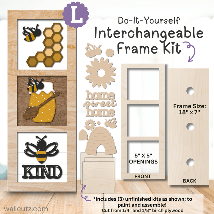 Painted Bee Kind wood kit with honey pot, honeycomb, and daisy designs in interchangeable frame