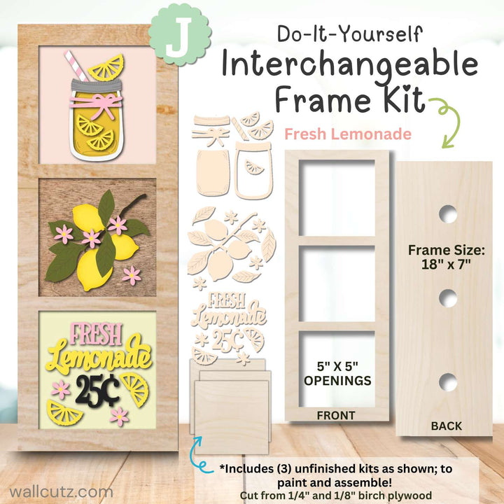 Painted lemonade wood kit with mason jar, lemons, and 25 cent sign in interchangeable frame