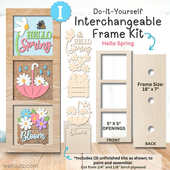 Painted Hello Spring wood kit with flowers, bee, and daisy designs in interchangeable frame