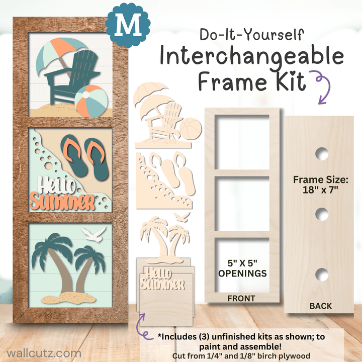 Painted Hello Summer wood kit with beach chair, palm tree, and flip flops in interchangeable frame