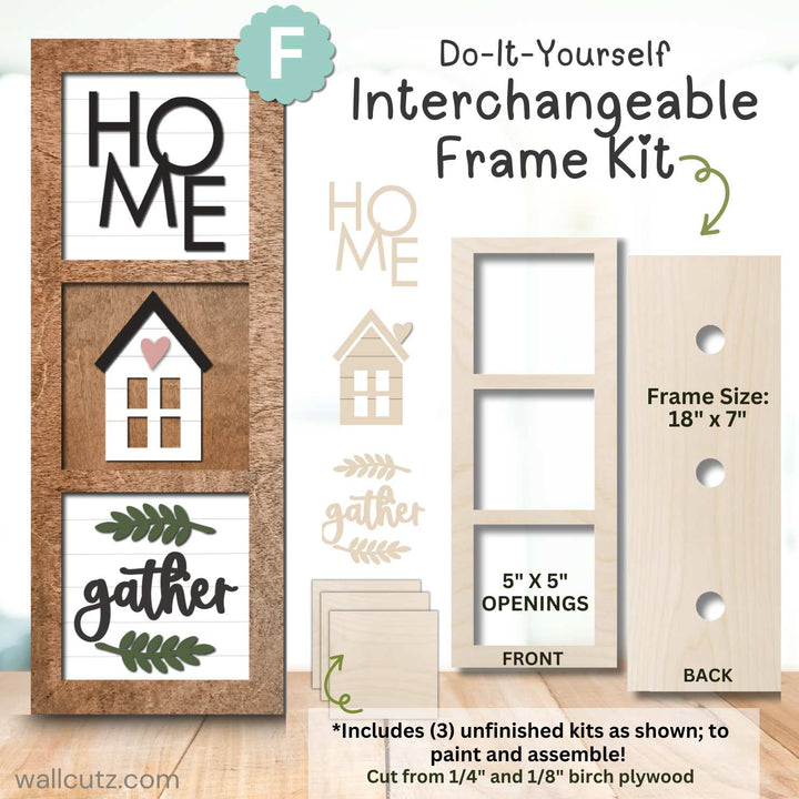 Painted farmhouse wood kit with Home, House, and Gather sign designs in interchangeable frame