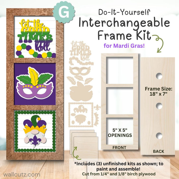 Painted Mardi Gras wood kit with mask, beads, and fleur de lis designs in interchangeable frame