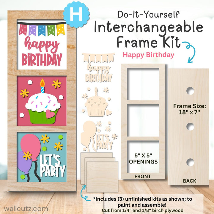 WallCutz  Interchangeable 5" x 5" Kits / Set (H) Happy Birthday Wood Kit