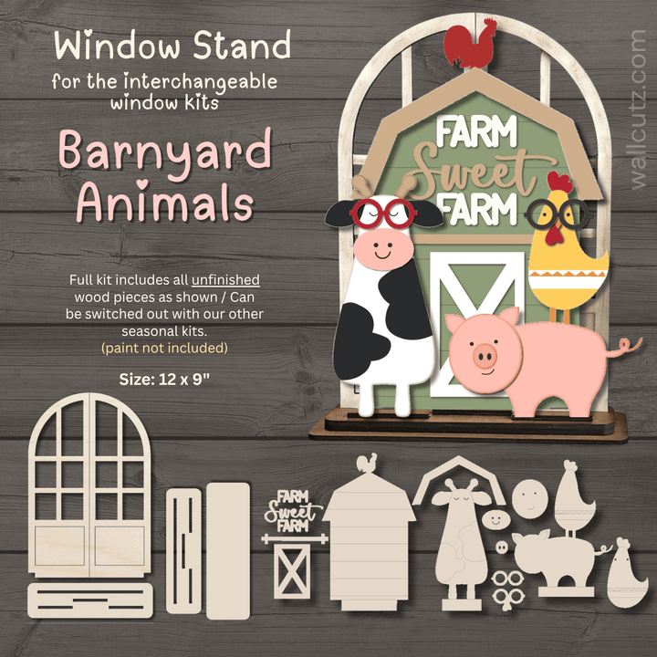 Barnyard animals interchangeable arched window wood kit by WallCutz