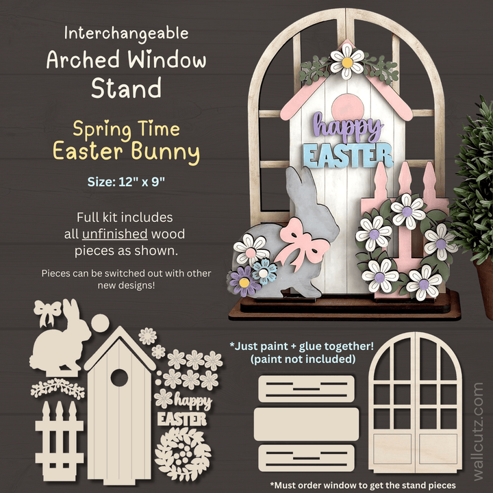 Easter bunny and spring flowers interchangeable arched window wood kit by WallCutz