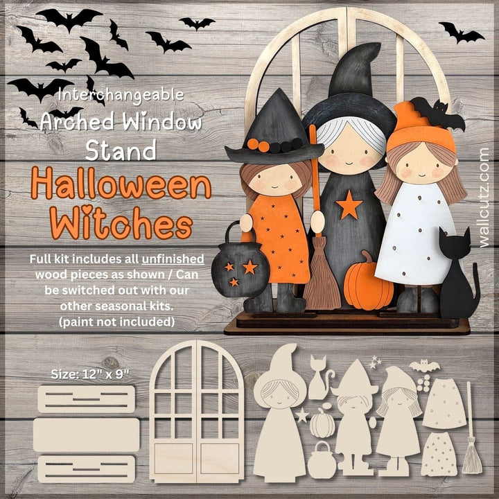 Halloween witches and black cat interchangeable arched window wood kit by WallCutz