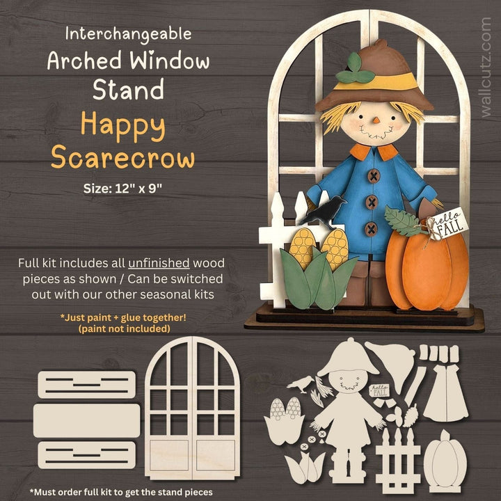Happy scarecrow fall harvest interchangeable arched window wood kit by WallCutz
