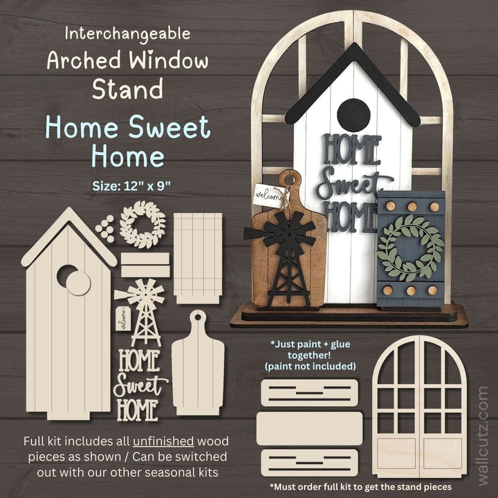 Farmhouse Home Sweet Home interchangeable arched window wood kit by WallCutz