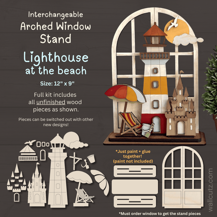 Lighthouse at the beach interchangeable arched window wood kit by WallCutz