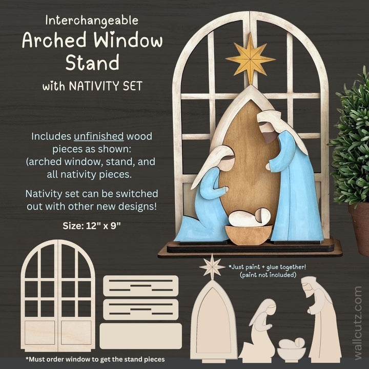 Nativity scene with manger interchangeable arched window wood kit by WallCutz