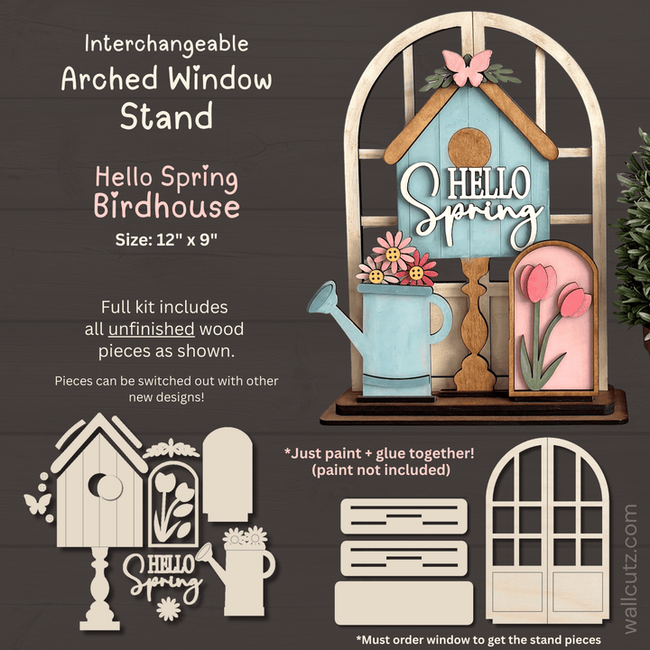 Spring birdhouse with tulips interchangeable arched window wood kit by WallCutz