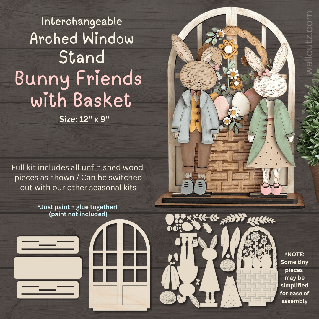 WallCutz  Interchangeable Arched Window / Spring Rabbit Friends with Easter Basket Wood Kit
