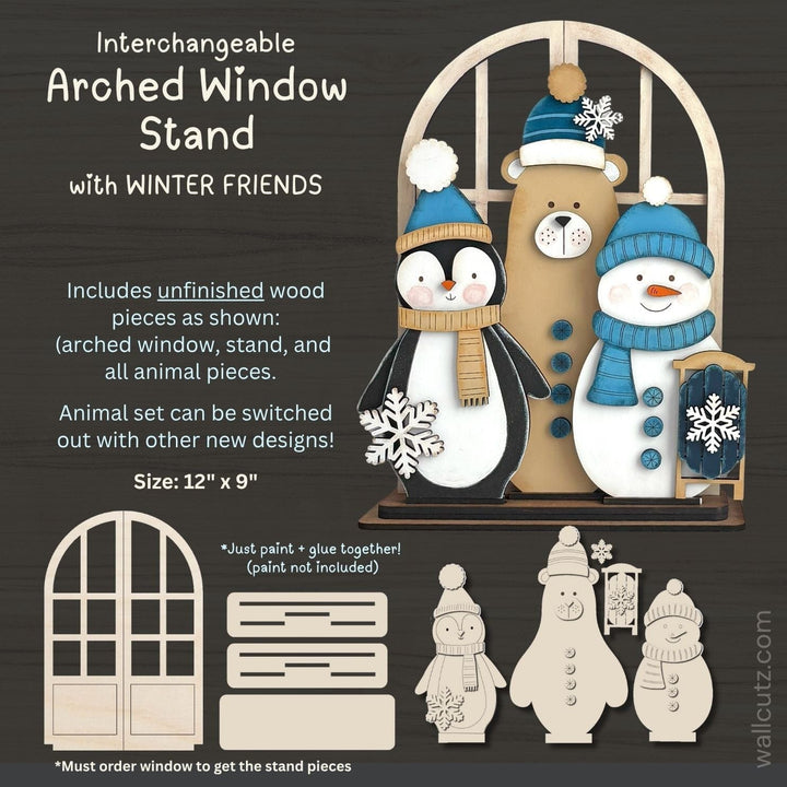Winter friends bear and penguin interchangeable arched window wood kit by WallCutz