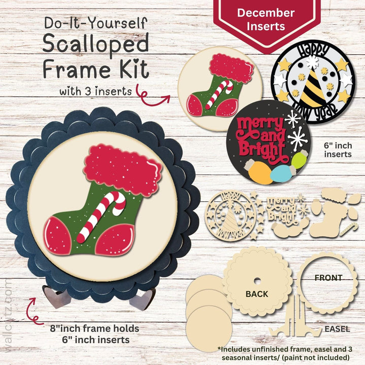 WallCutz  Interchangeable Scalloped Frame with 6 inch Inserts (December)-3-pack Wood Kit