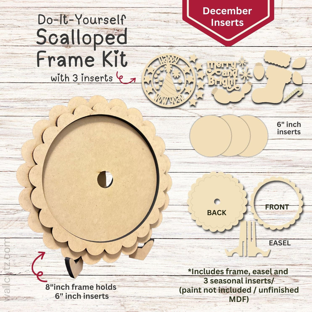 WallCutz  Interchangeable Scalloped Frame with 6 inch Inserts (December)-3-pack Wood Kit