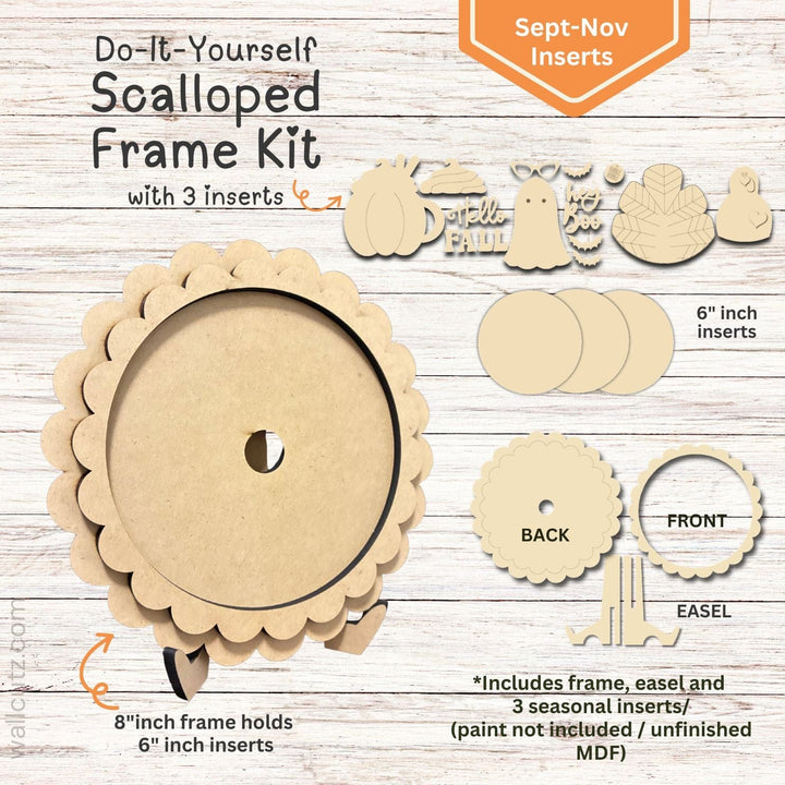 WallCutz  Interchangeable Scalloped Frame with 6 inch Inserts (Sept-Nov)-3-pack Wood Kit