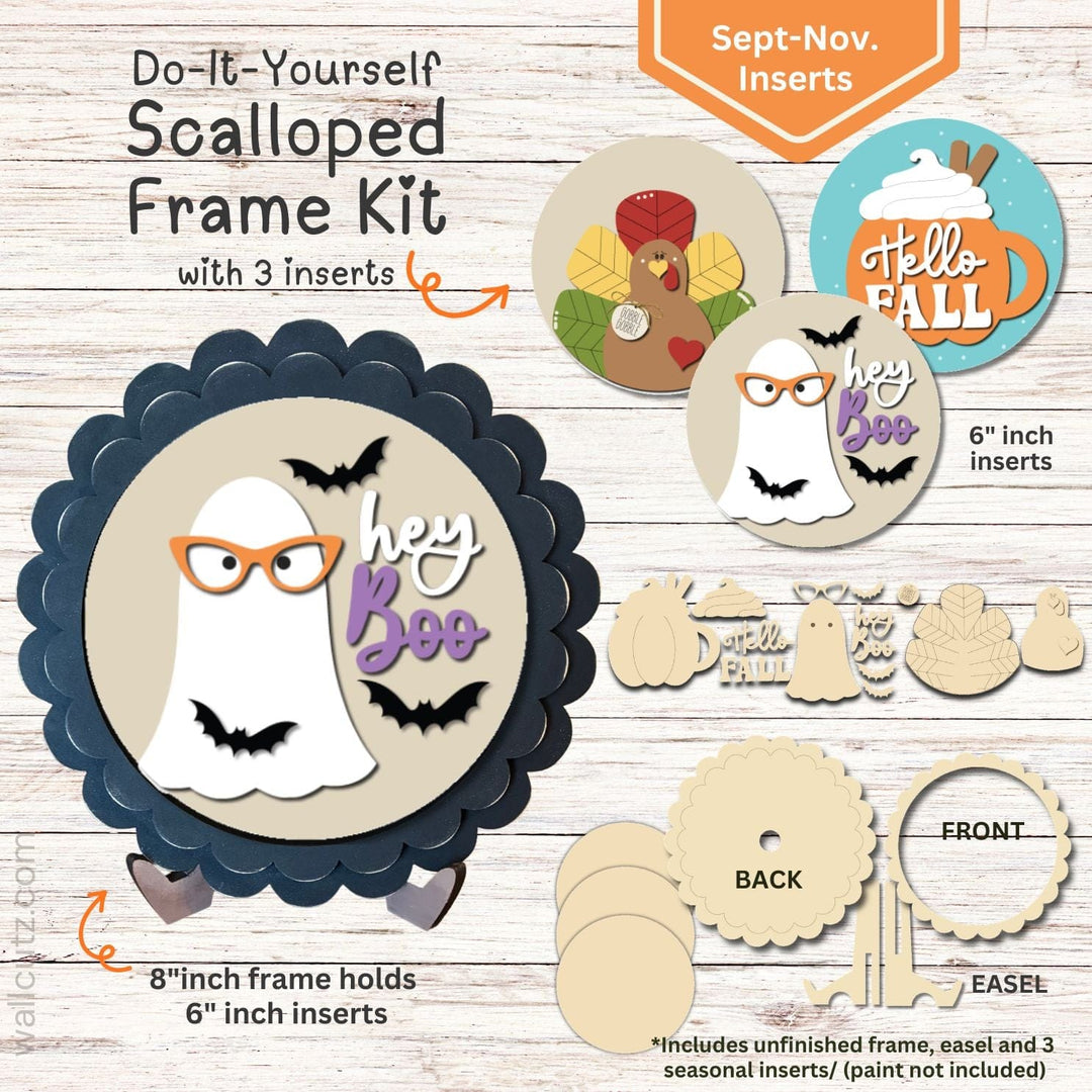 WallCutz  Interchangeable Scalloped Frame with 6 inch Inserts (Sept-Nov)-3-pack Wood Kit