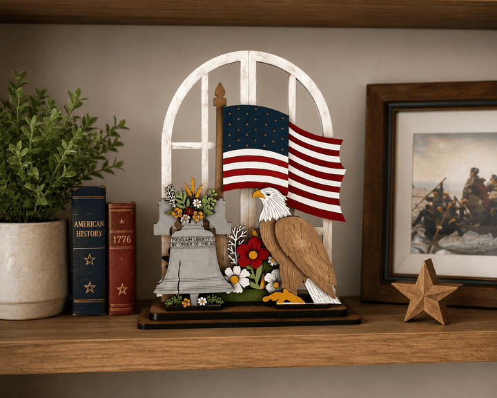 WallCutz  Liberty Bell Door Hanger Kit – Patriotic Eagle & Flag Arched Window Insert Wood Kit