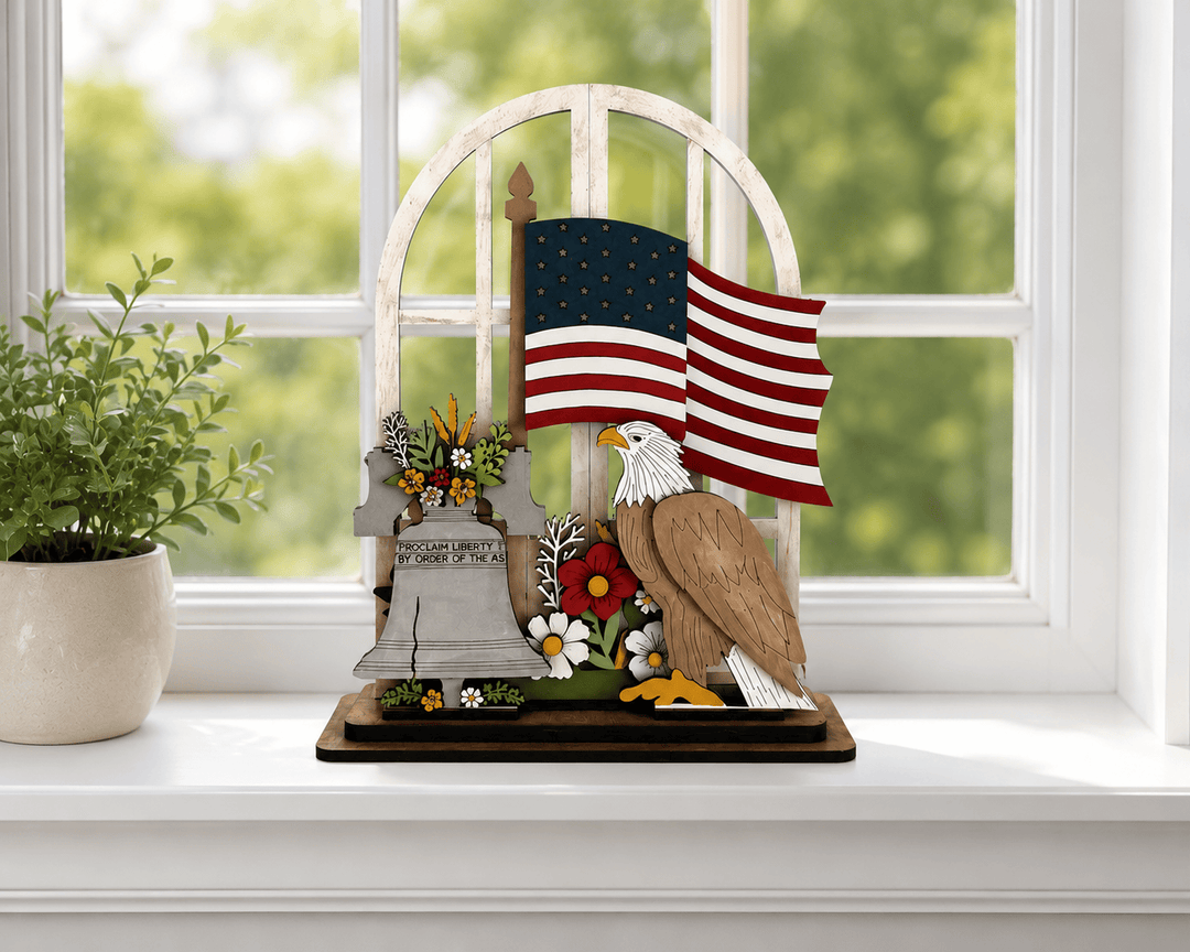 WallCutz  Liberty Bell Door Hanger Kit – Patriotic Eagle & Flag Arched Window Insert Wood Kit