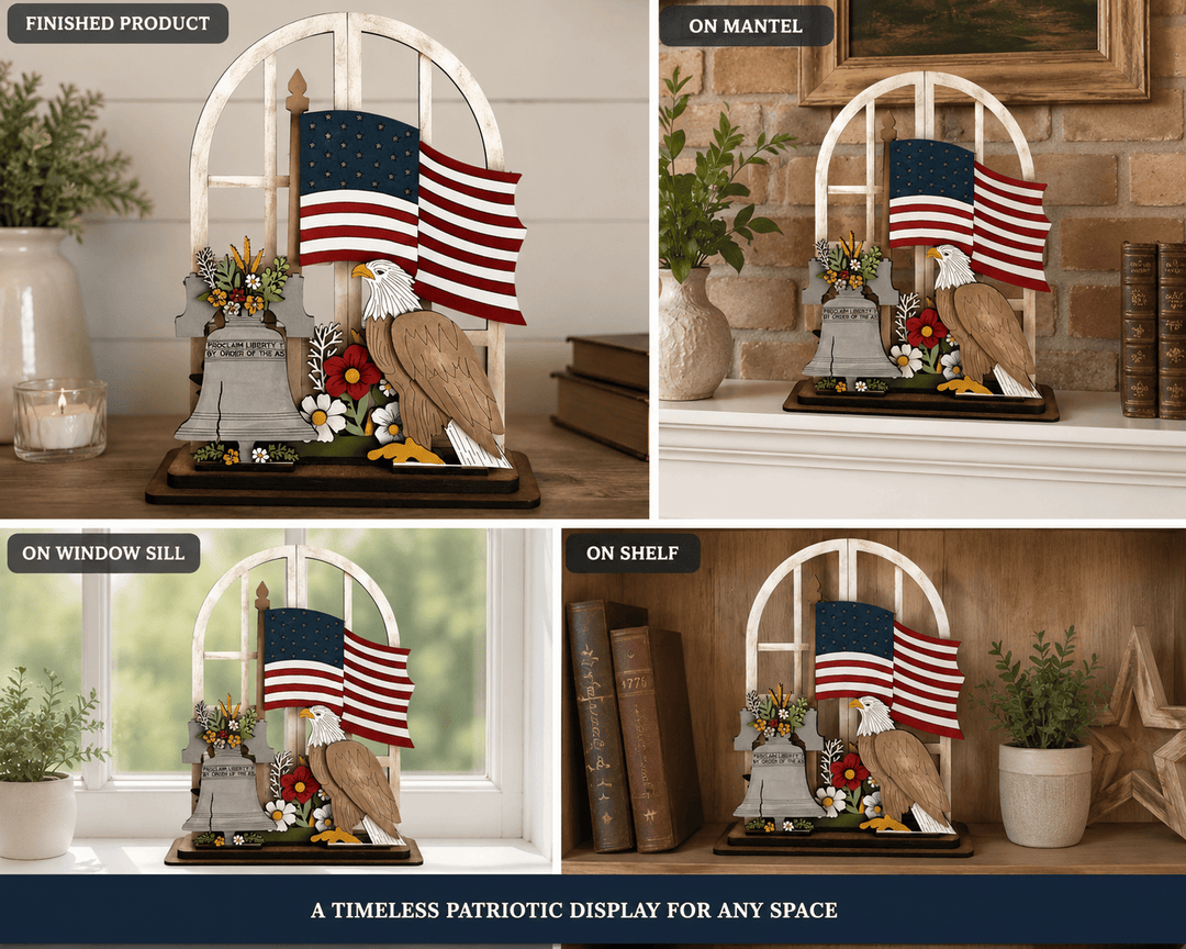 WallCutz  Liberty Bell Door Hanger Kit – Patriotic Eagle & Flag Arched Window Insert Wood Kit