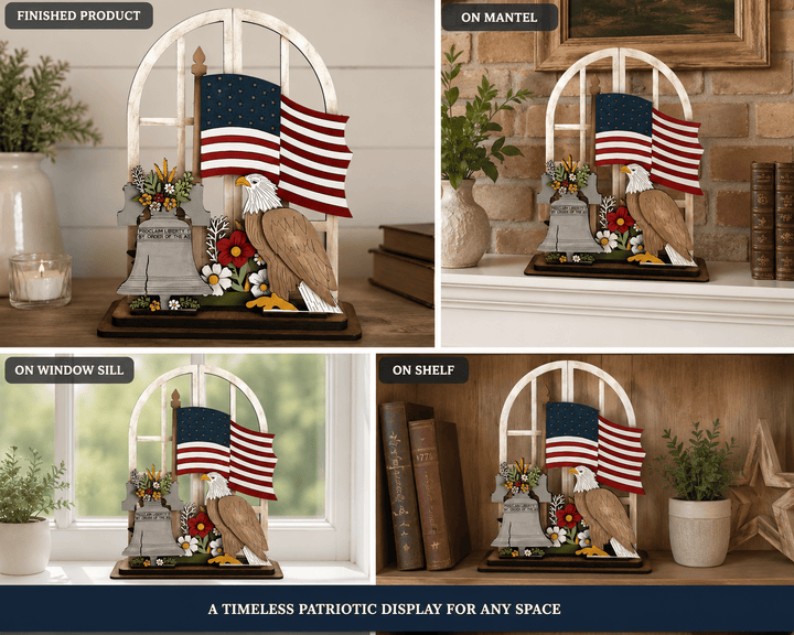 WallCutz  Liberty Bell Door Hanger Kit – Patriotic Eagle & Flag Arched Window Insert Wood Kit