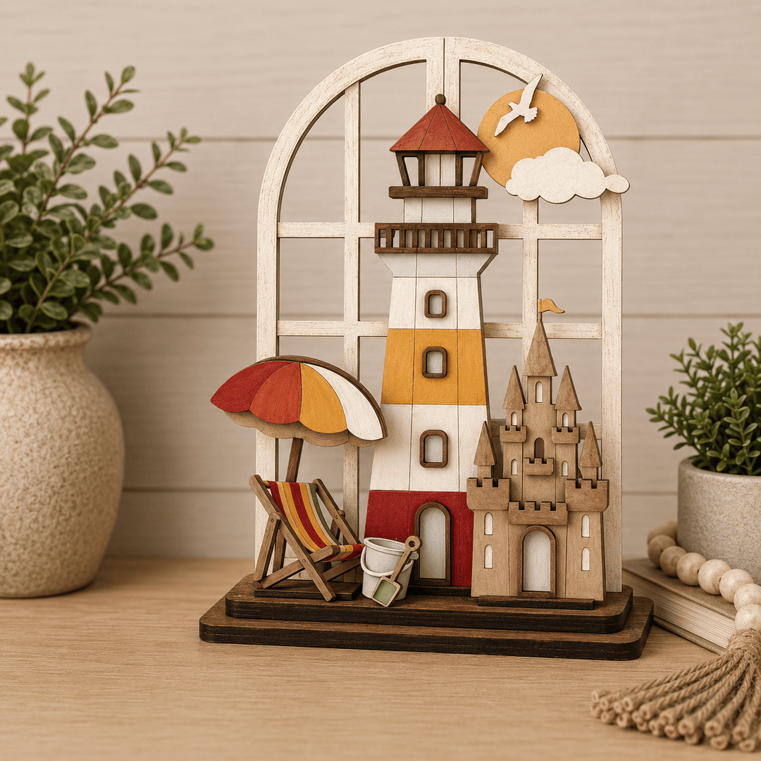 Beach lighthouse with beach chair, sandcastle, and pail assembled in the WallCutz interchangeable window kit