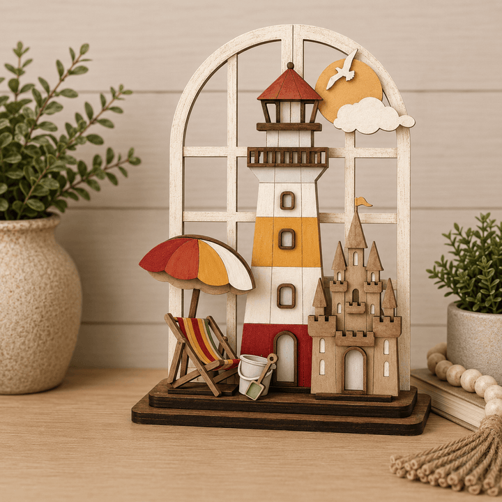 Beach lighthouse with beach chair, sandcastle, and pail assembled in the WallCutz interchangeable window kit