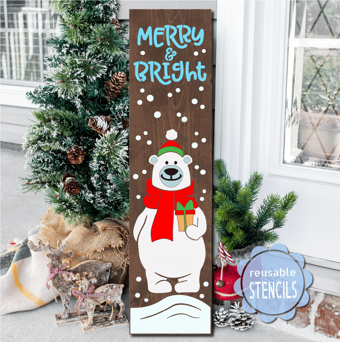 WallCutz  Merry & Bright Polar Bear / Reusable Stencil Stencil