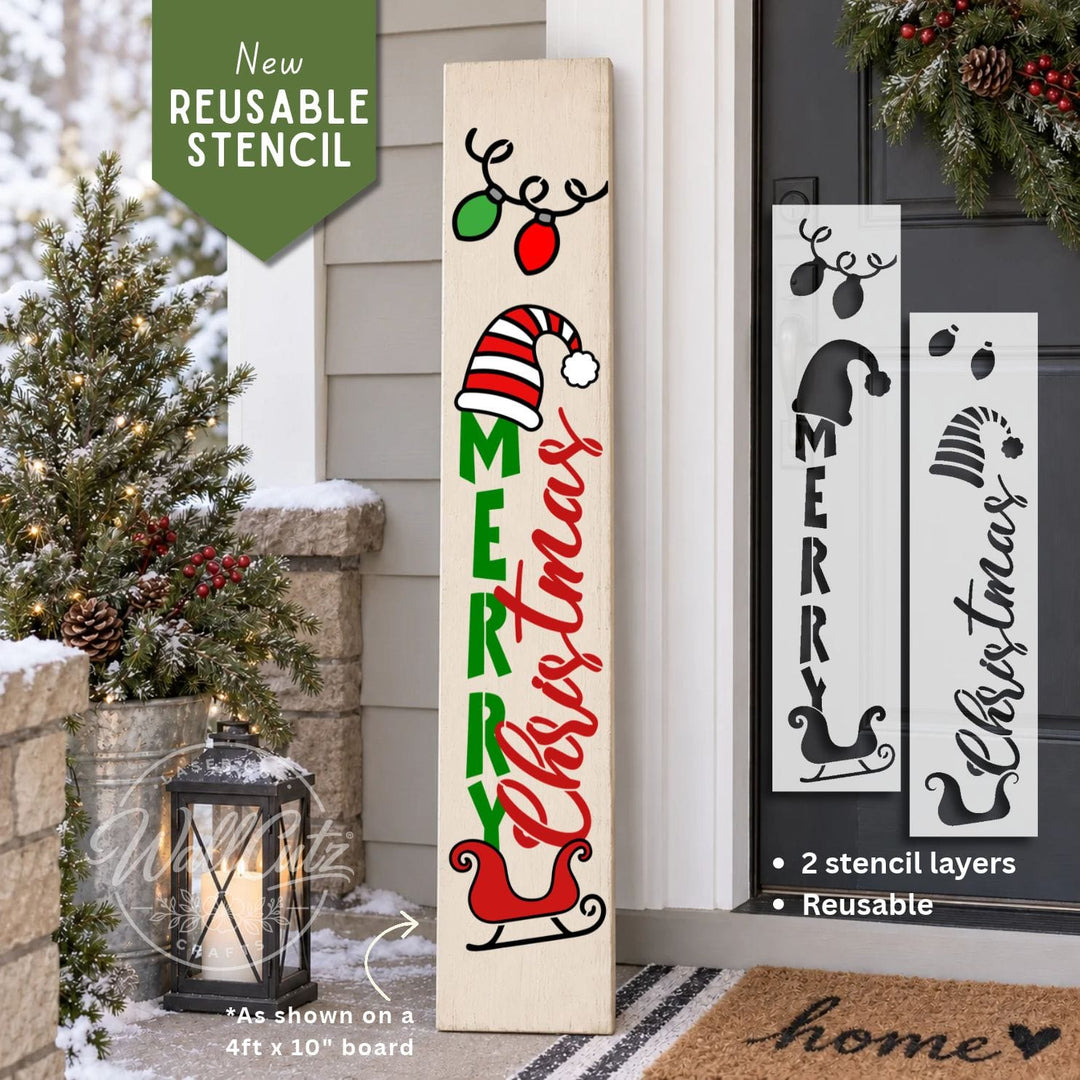 A vertical wooden Christmas yard sign displayed on a front porch, with two smaller inset views showing the stencil design layers. The main sign reads “Merry Christmas” in green and red lettering with a red Santa sleigh and green/red holiday lights near the top.