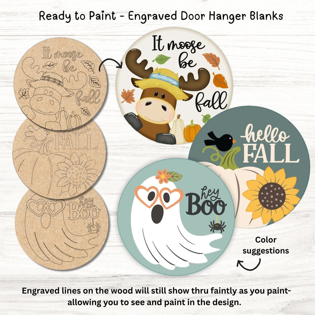 Three engraved fall door hanger blanks — Moose Be Fall, Hello Fall, and Hey Boo Ghost