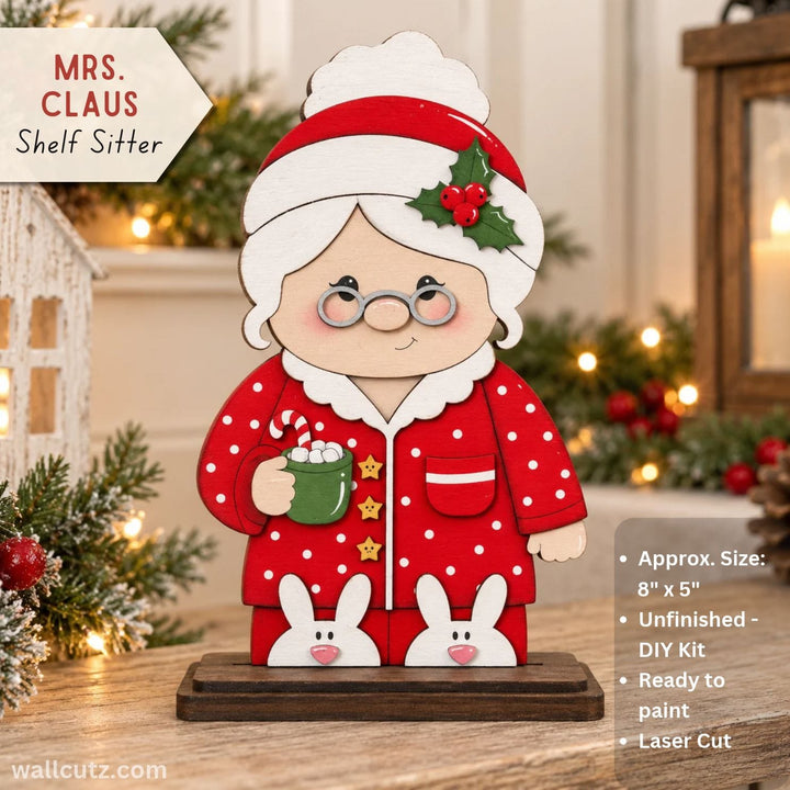 Mrs. Claus Pajamas Shelf Sitter wood kit, a paintable MDF Christmas decoration with bunny slippers and stand – WallCutz