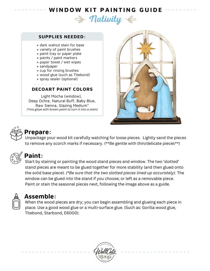 Nativity scene with manger wood kit displayed in the WallCutz interchangeable window stand
