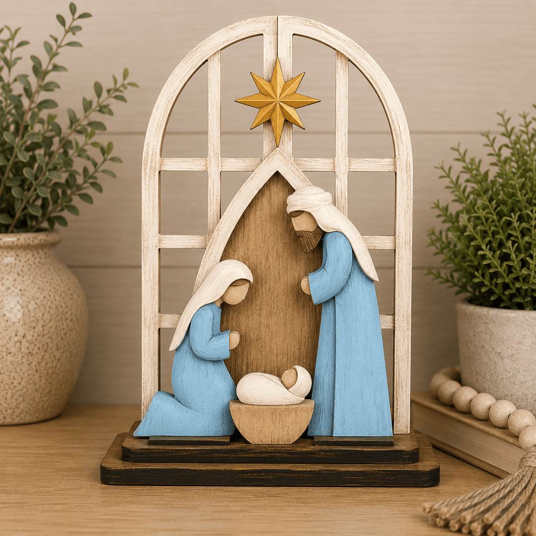 Nativity manger scene assembled in the WallCutz interchangeable window kit
