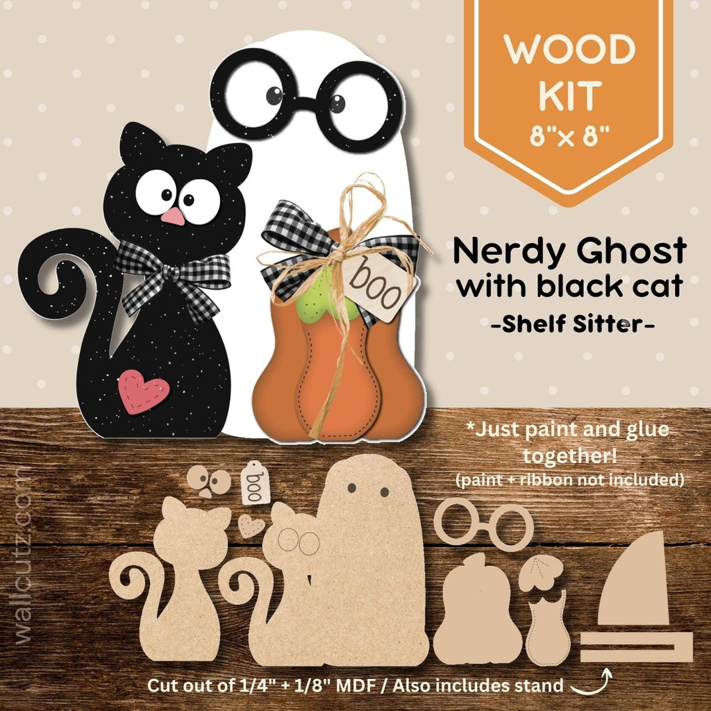 Nerdy Ghost with Black Cat / Shelf Sitter – WallCutz Crafts