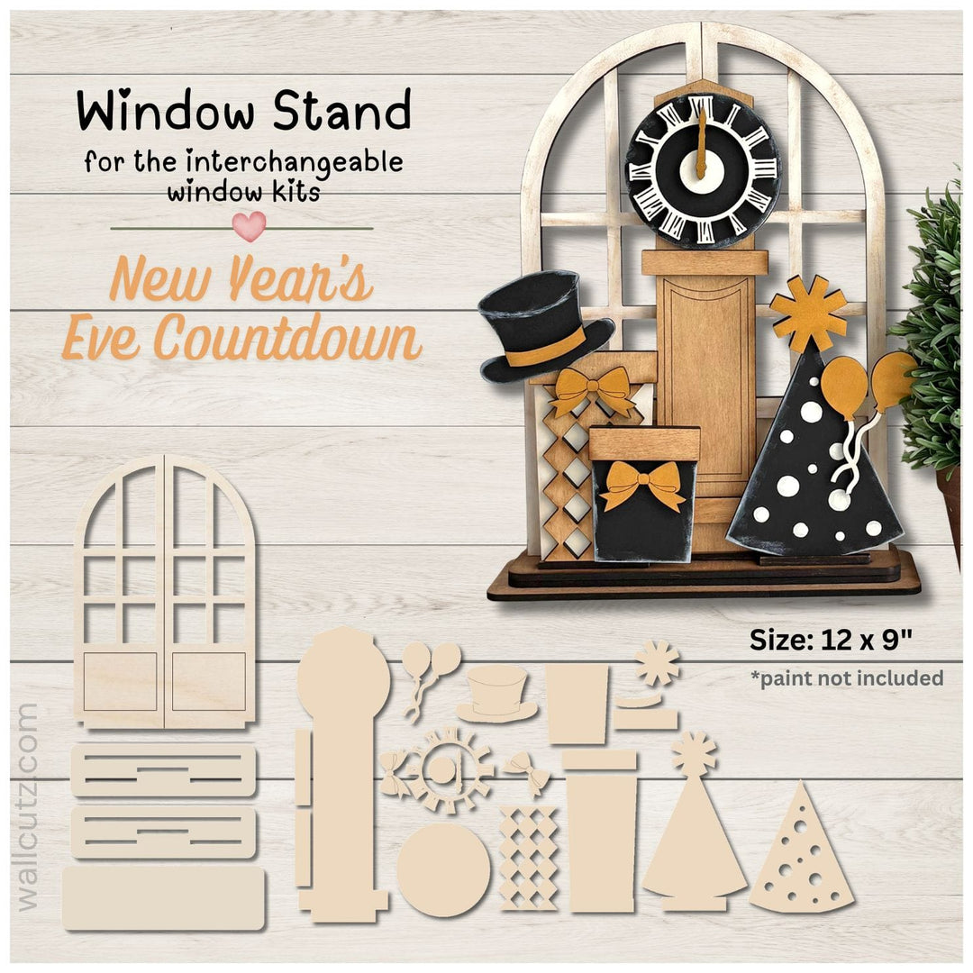 New Year's Eve Countdown interchangeable wood window kit with clock, balloons and top hat – WallCutz