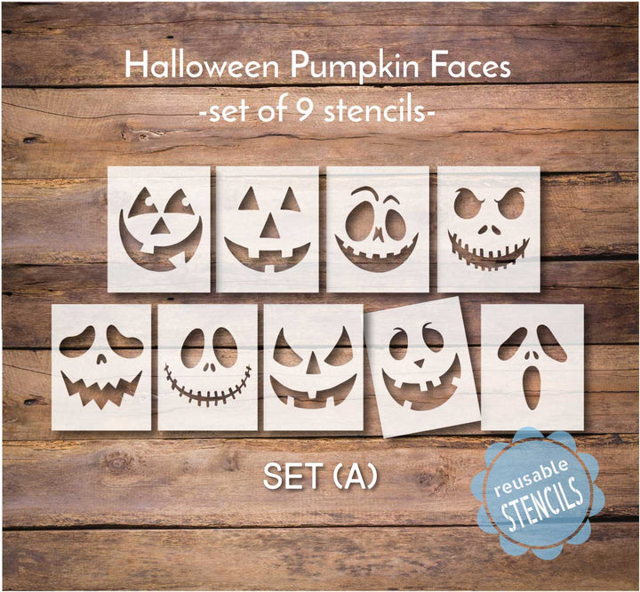 Pumpkin Faces Stencil Pack (SET A) / 9 Reusable Jack-o'-Lantern Faces