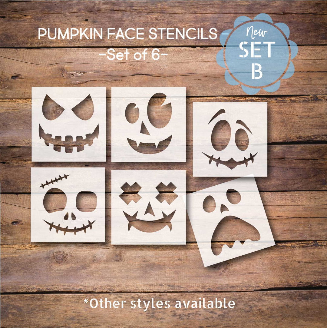 Pumpkin Faces Stencil Pack (Set B) - 6pc Reusable Jack-o'-Lantern Faces