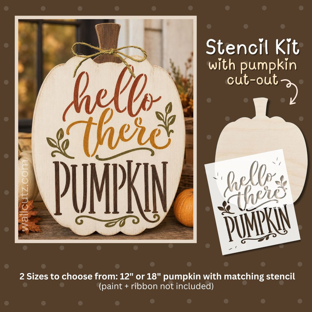A fall-themed pumpkin stencil kit shown on a brown background with text. The main item is a cream-colored pumpkin cutout with a printed design reading 'hello there PUMPKIN' in orange, brown, and dark brown lettering, tied with twine.