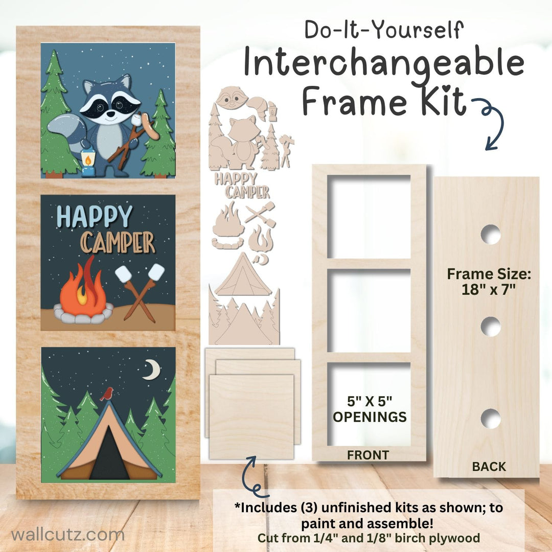 Raccoon Camp interchangeable 5x5 wood kit with tent, campfire and s'mores designs – WallCutz