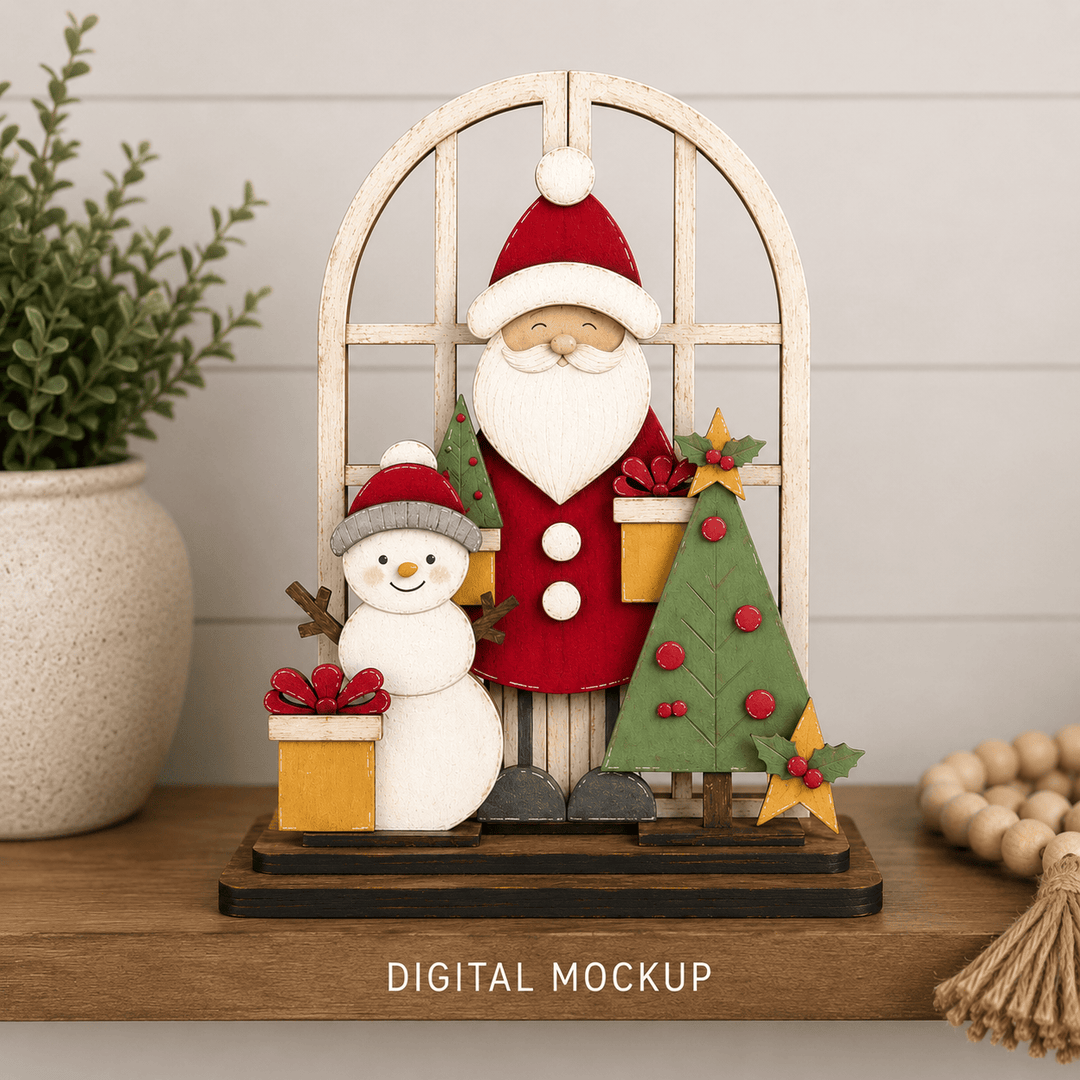 Santa, snowman, and tree assembled in the WallCutz interchangeable window kit