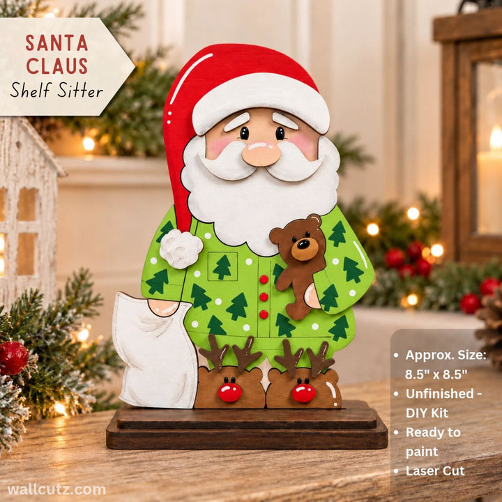 Santa Claus Pajamas Shelf Sitter wood kit, a paintable MDF Christmas decoration with reindeer slippers and stand – WallCutz