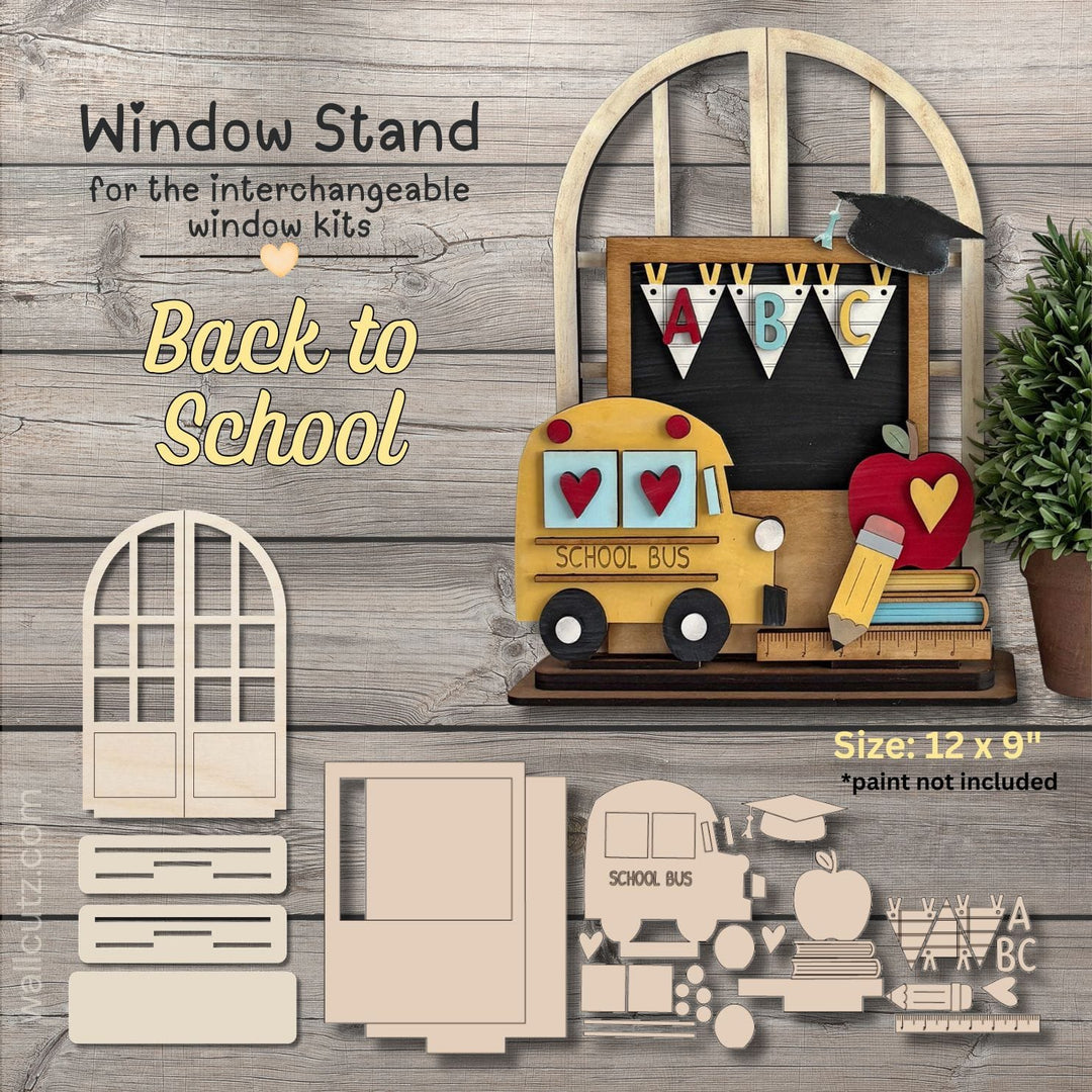 Back To School interchangeable wood window kit with school bus, chalkboard, banner and books – WallCutz