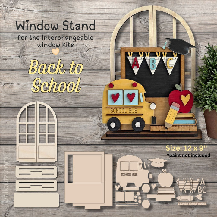 Back To School interchangeable wood window kit with school bus, chalkboard, banner and books – WallCutz