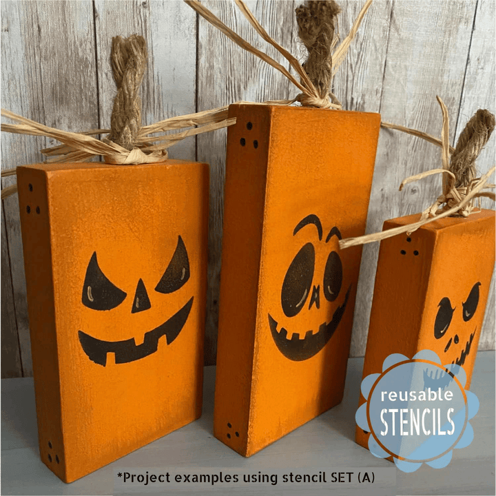 Pumpkin Faces Stencil Pack (Set B) - 6pc Reusable Jack-o'-Lantern Faces