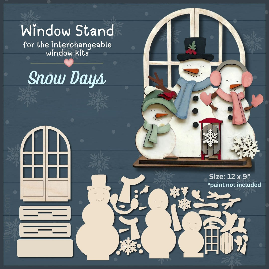 Snow Days interchangeable wood window kit with painted snowman family, sled and tree – WallCutz