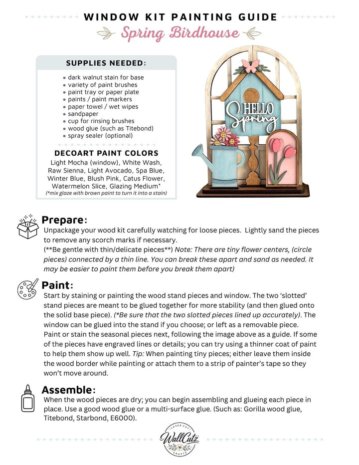 Spring birdhouse with tulips wood kit displayed in the WallCutz interchangeable window stand