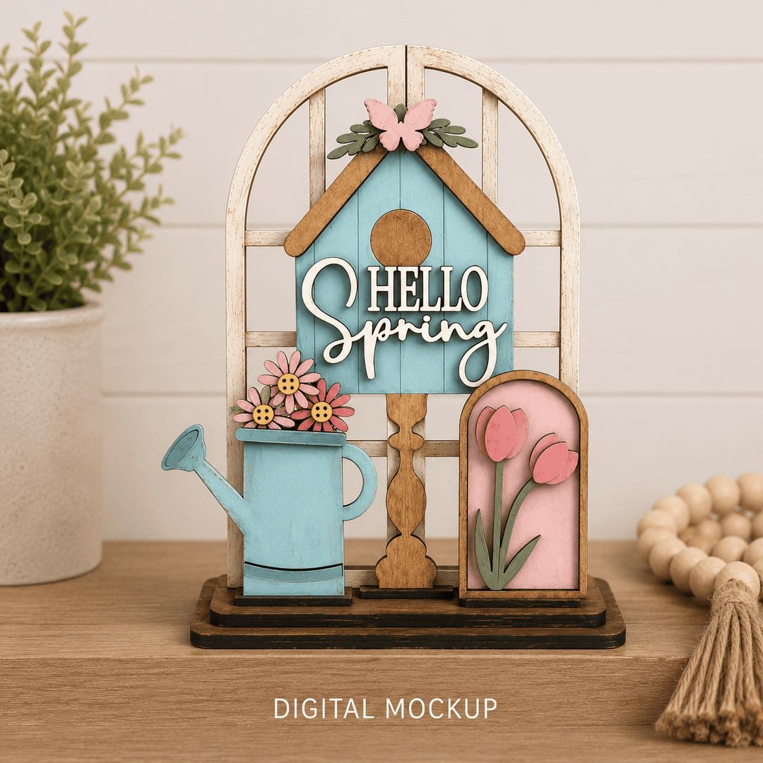 Spring birdhouse with watering can and tulips assembled in the WallCutz interchangeable window kit