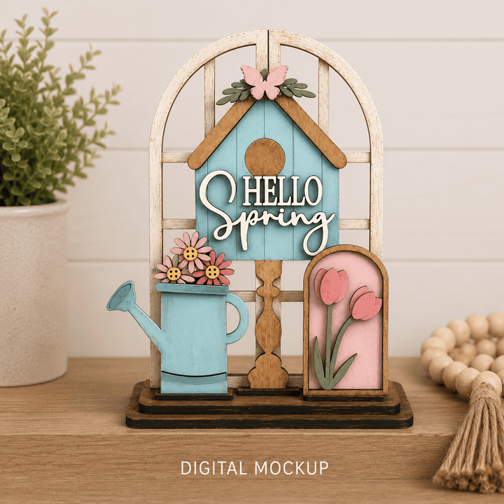 Spring birdhouse with watering can and tulips assembled in the WallCutz interchangeable window kit